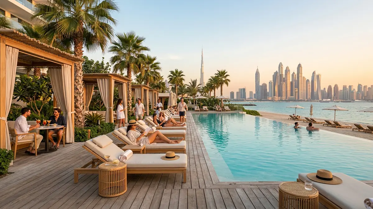 Resort-style infinity pool and wooden deck at golden hour, with lounge chairs, cabanas, and the Dubai skyline reflected across calm turquoise water.