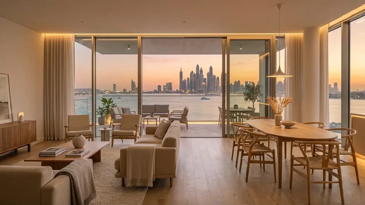Open plan luxury apartment interior with Scandinavian wood furnishings, floor to ceiling glass, and a panoramic sunset view of the Dubai Marina skyline from the balcony.