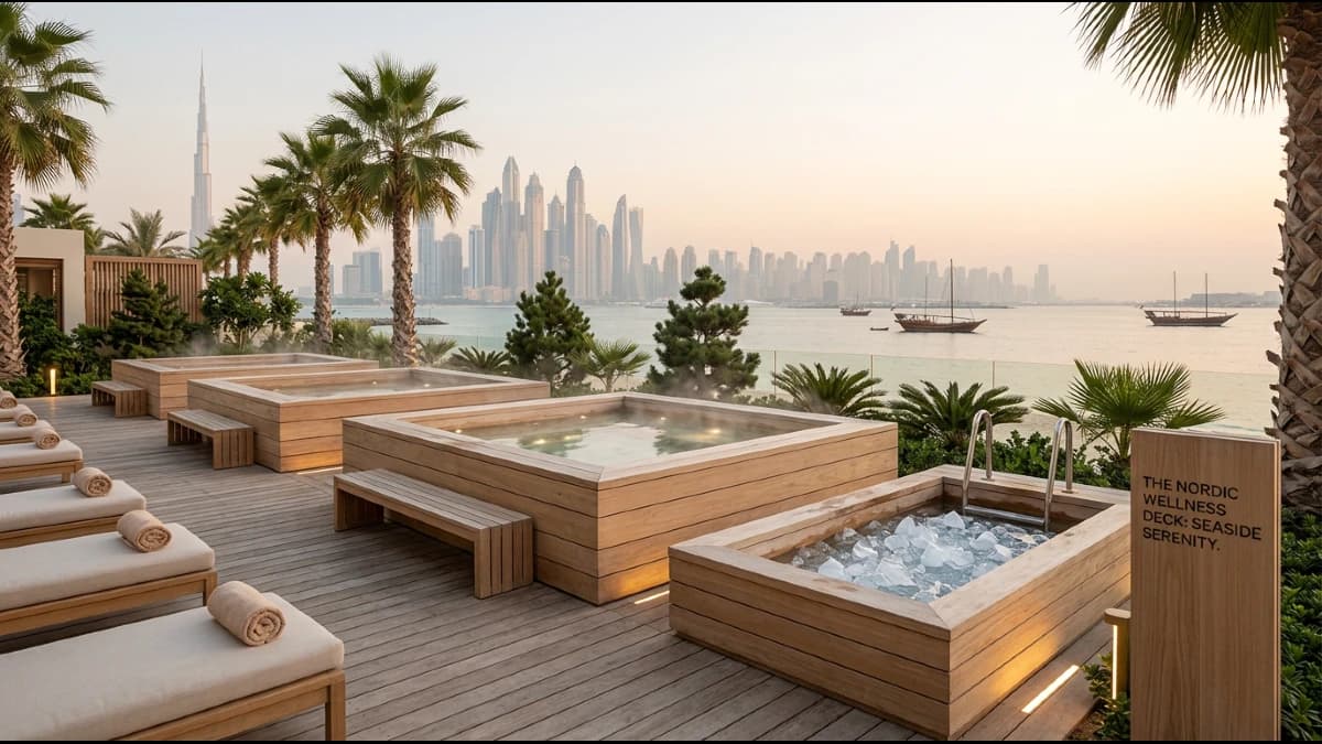 Serene spa and wellness lounge with natural stone, warm lighting, and panoramic glass walls opening onto landscaped waterfront gardens.