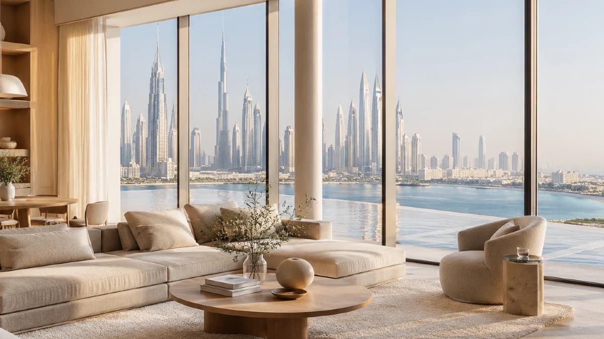 Residents enjoying a sunlit rooftop terrace with Scandinavian outdoor furniture, greenery, and sweeping views across the Dubai skyline.